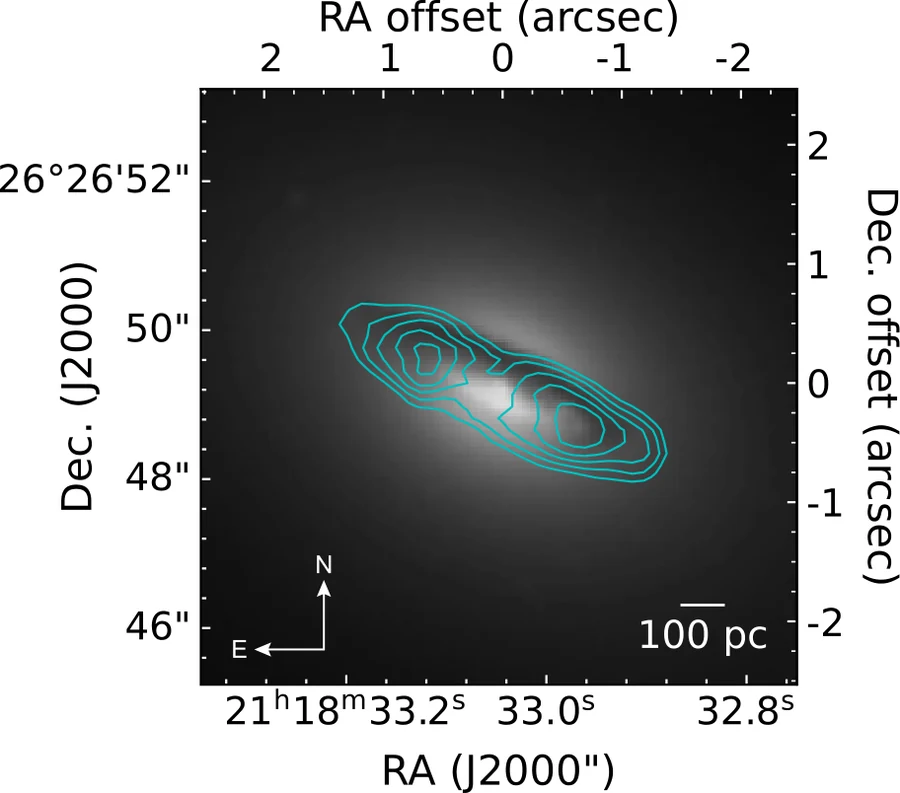 ALMA CO(2-1) contours of NGC 7052 overlaid on the HST F814W image, following the nuclear dust disk