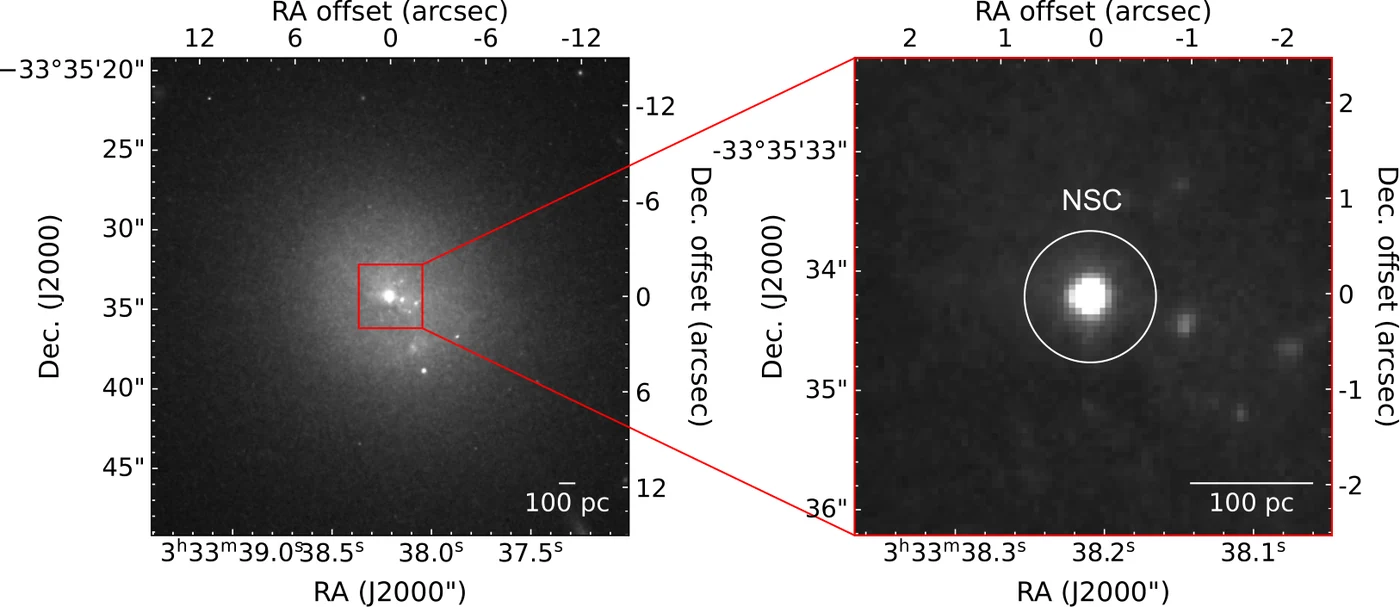 Hubble image of the dwarf galaxy FCC 119, with a zoom into its bright nuclear star cluster